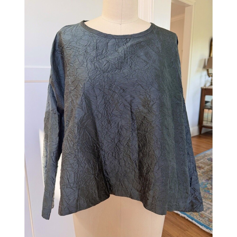 PLANET Lauren G Crushed Dupioni Silk Top in Grey Green Lagen Look One Size Rare